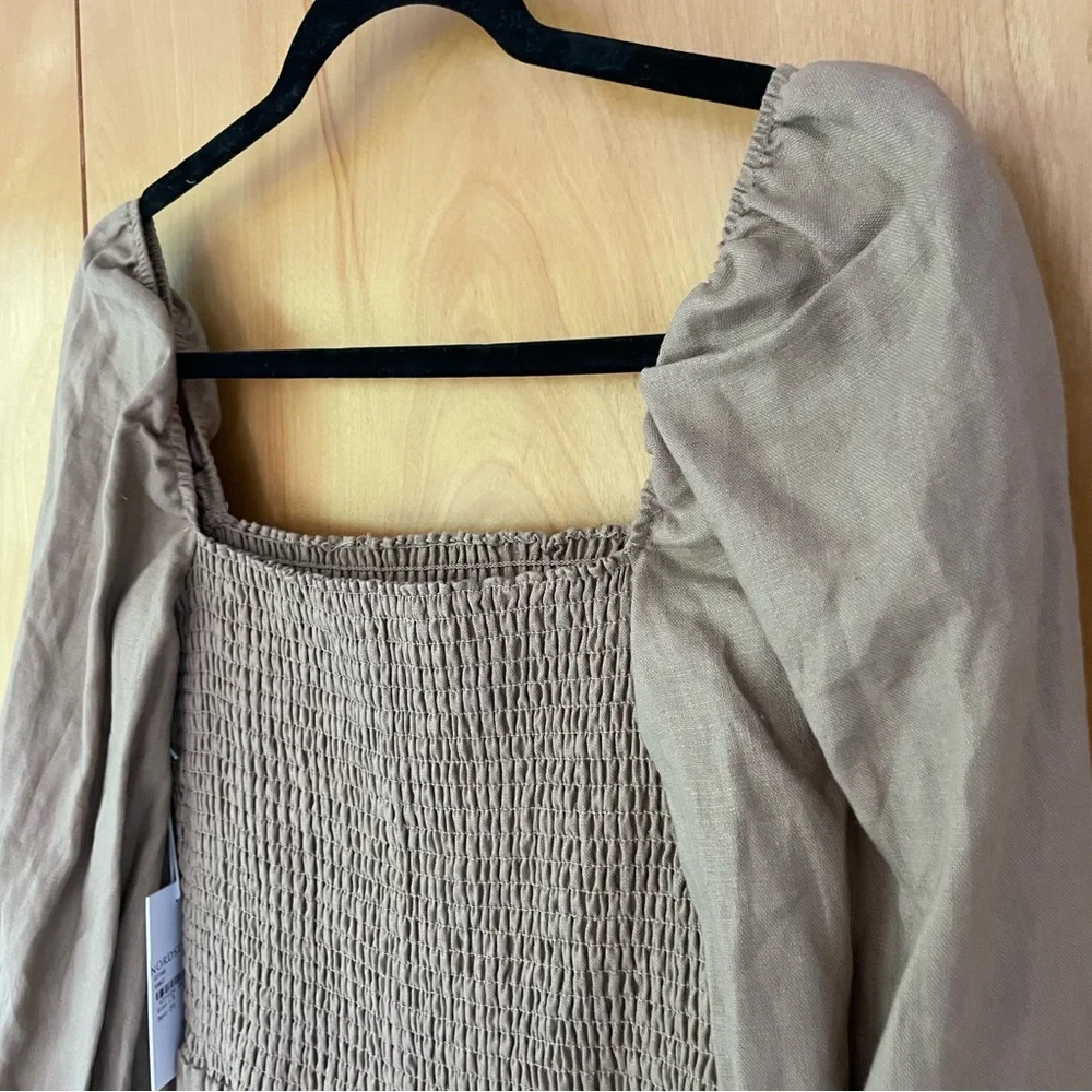 NWT Reformation Gitane Long Sleeve Smocked Linen Midi‎ Dress Khaki Large